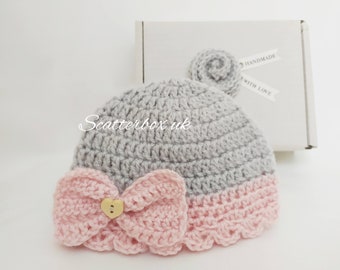 Crochet baby girl hat, baby shower gift, baby coming home outfit, photo prop, sizes 0 - 3 years , knitted baby girl hat