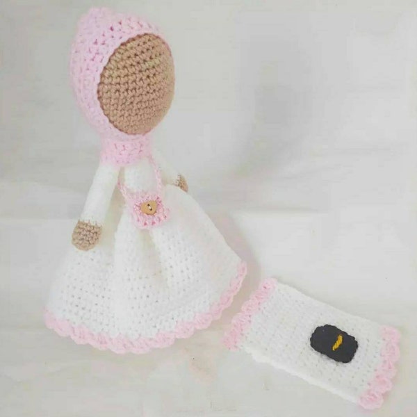 Doll, crochet hijab doll, scarf doll, pink & white dress doll, doll present, handmade doll, prayer mat toy, doll prayer mat, Muslim girl