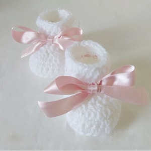 Baby booties, white & pink satin booties, crochet booties, knitted booties, baby shower gift, baby announcement, new baby gift, bows