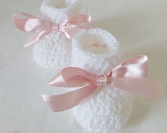 Baby booties, white & pink satin booties, crochet booties, knitted booties, baby shower gift, baby announcement, new baby gift, bows