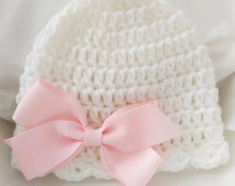 Crochet Baby Girl Hat: White Beanie with Pink Grosgrain Bow