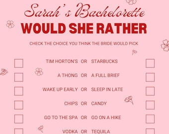 Would She Rather |  Quiz Game | Bridal Shower Bachelorette Party | Instant Download, Edit with Canva
