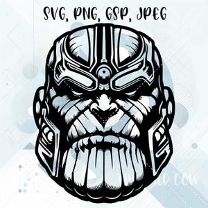 May include: Black and white graphic of a character's face with the text "SVG, PNG, GSP, JPEG" at the top. The character has a stern expression, with detailed lines and shading. The image is a digital design.