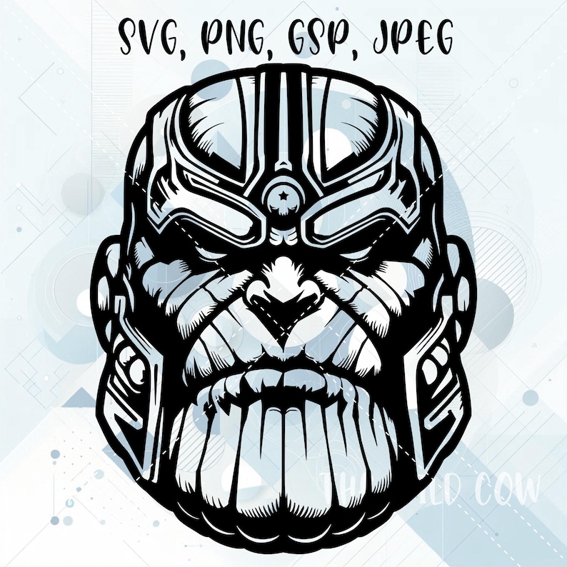 May include: Black and white graphic of a character's face with the text "SVG, PNG, GSP, JPEG" at the top. The character has a stern expression, with detailed lines and shading. The image is a digital design.