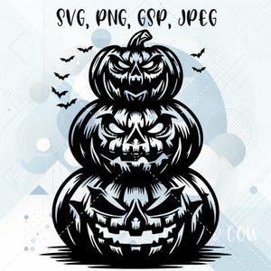 May include: Black and white Halloween-themed graphic featuring three stacked jack-o'-lanterns with menacing faces and bats flying above. The image includes the text "SVG, PNG, GSP, JPEG".