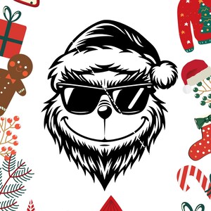 K&ouml;nnte beinhalten: Eine Schwarzwei&szlig;illustration des Grinchs, der einen Weihnachtsmann-Hut und eine Sonnenbrille tr&auml;gt. Der Grinch l&auml;chelt und hat einen schelmischen Blick. Das Bild ist von Weihnachtsdekorationen umgeben, darunter ein Zuckerstange, ein Lebkuchenmann und ein Weihnachtsbaum.