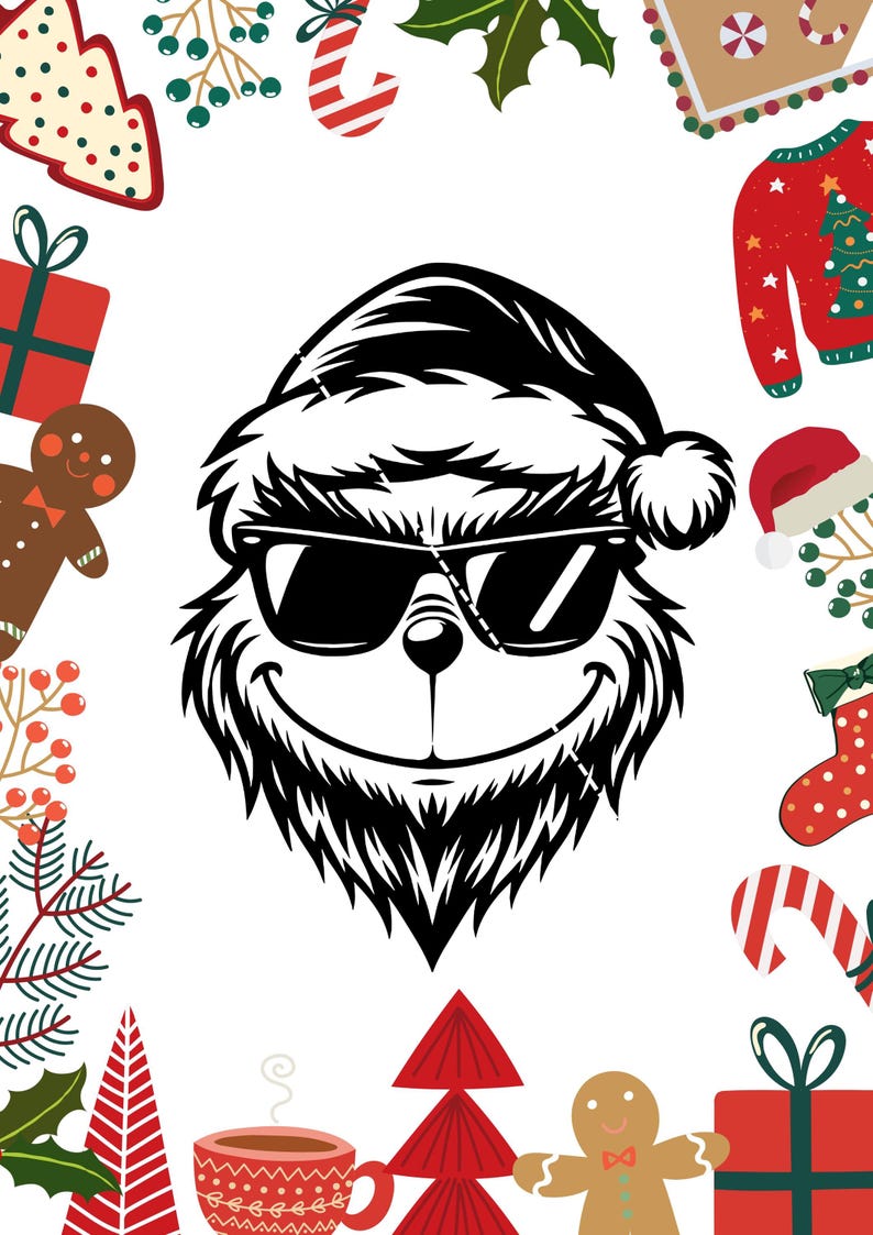 K&ouml;nnte beinhalten: Eine Schwarzwei&szlig;illustration des Grinchs, der einen Weihnachtsmann-Hut und eine Sonnenbrille tr&auml;gt. Der Grinch l&auml;chelt und hat einen schelmischen Blick. Das Bild ist von Weihnachtsdekorationen umgeben, darunter ein Zuckerstange, ein Lebkuchenmann und ein Weihnachtsbaum.