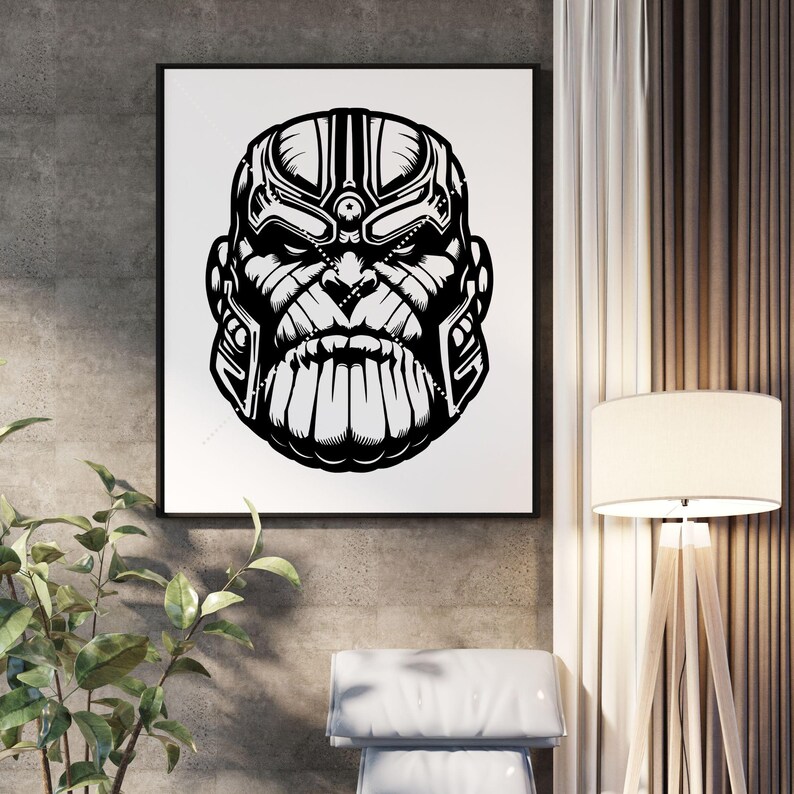 May include: Black and white framed art print featuring a detailed illustration of a character's face. The artwork showcases a stern expression with intricate lines and shading, creating a bold and striking visual.
