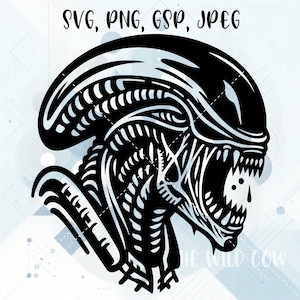 Może przedstawiać: Czarno-biała ilustracja obcego stworzenia z dużą głową i ostrymi zębami. Obcy jest przedstawiony z otwartymi ustami i wysuniętym językiem. Głowa obcego jest pokryta skomplikowanymi detalami, w tym szeregiem grzbietów i linii.