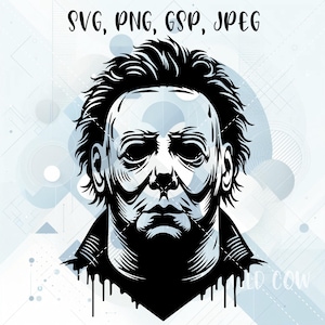 Könnte beinhalten: Schwarz-weiß-Illustration eines Horrorfilmcharakters mit einer Maske. Der Charakter hat einen ernsten Ausdruck und tropft mit einer flüssigen Substanz.