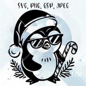 Pingüino genial SVG para Silhouette, Cricut, impresión y corte, grabado láser, imagen vectorial, corte de vinilo, clipart de pingüino, SVG navideño, digital
