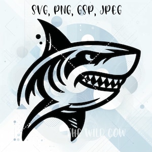 May include: Black and white illustration of a shark with an open mouth and sharp teeth. The shark is facing right and has a fin on its back. The image is on a white background with a blue and white geometric pattern.