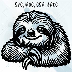May include: Black and white line art illustration of a sloth with a smiling face. The sloth is sitting with its arms crossed in front of it.