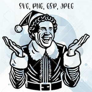 Puede incluir: Ilustración en blanco y negro de un hombre vestido de elfo, con un gorro puntiagudo y un traje festivo. Sonríe y tiene los brazos extendidos. El texto "SVG, PNG, GSP, JPEG" está en la parte superior de la imagen.