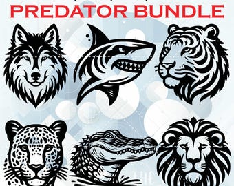 Op de afbeelding: Een zwart-wit grafische bundel met zes roofdierillustraties: een wolf, een haai, een tijger, een luipaard, een alligator en een leeuw. De tekst "SVG, PNG, GSP, JPEG PREDATOR BUNDLE" wordt in het rood weergegeven.