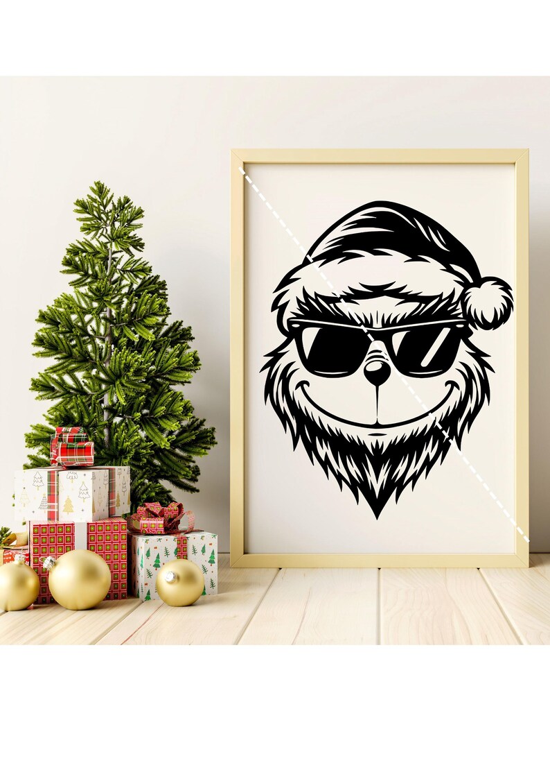 K&ouml;nnte beinhalten: Schwarzwei&szlig;-Illustration eines Grinchs mit Sonnenbrille und Weihnachtsmannm&uuml;tze. Der Grinch l&auml;chelt und hat ein pelziges Gesicht.