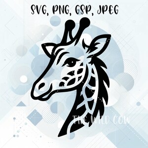 May include: Black and white giraffe head design with intricate patterns. The image includes the text "SVG, PNG, GSP, JPEG" at the top and "THE WILD COW" at the bottom. The background is a light blue with geometric shapes.