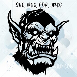 May include: Black and white illustration of a snarling, monstrous creature with large ears and a prominent lower jaw. The creature has a fierce expression and sharp teeth.