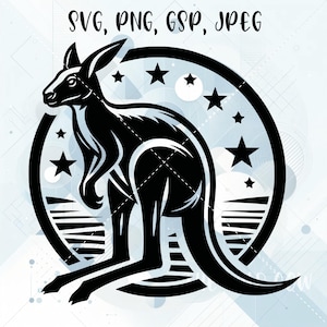 May include: Black and white kangaroo silhouette inside a circular frame with stars. The image includes the text "SVG, PNG, GSP, JPEG" at the top. The kangaroo is depicted in a stylized, graphic design.