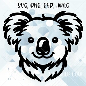 May include: Black and white koala bear illustration. The koala has a smiling face and is surrounded by a light blue background with geometric shapes. The text "SVG, PNG, GSP, JPEG" is at the top.