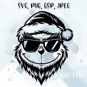 K&ouml;nnte beinhalten: Schwarzwei&szlig;-Illustration eines Cartoon-Weihnachtsmanns mit Sonnenbrille. Der Weihnachtsmann hat einen Bart und eine M&uuml;tze mit Bommel. Das Bild ist im Vektorformat und kann f&uuml;r kommerzielle Zwecke verwendet werden.