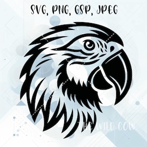 May include: Black and white silhouette of a parrot's head with a detailed design. The parrot's beak is open and the eye is visible.