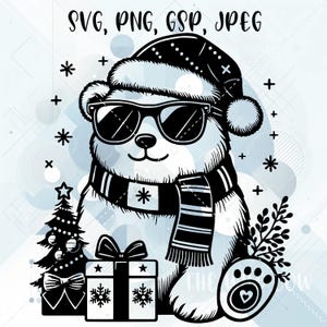 Peut inclure: Illustration en noir et blanc d'un ours polaire portant un bonnet de Père Noël et des lunettes de soleil, tenant une boîte cadeau emballée. L'ours se tient devant un sapin de Noël avec des décorations et un fond à motif de flocons de neige.