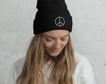 Peace Sign Beanie - Embroidered Beanie Hat With a Peace Sign - a