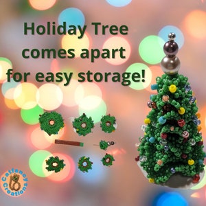 May include: A green beaded Christmas tree with colorful beads for ornaments. The tree is made of individual sections that can be taken apart for easy storage. The text "Holiday Tree comes apart for easy storage!" is written above the tree.