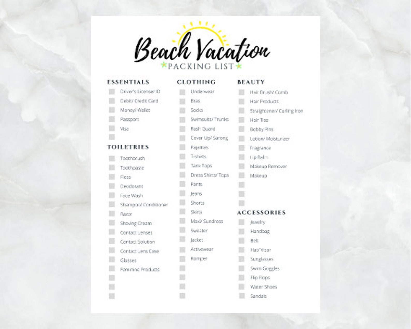 Beach Vacation Packing List | Printable | Instant Download - Etsy Canada