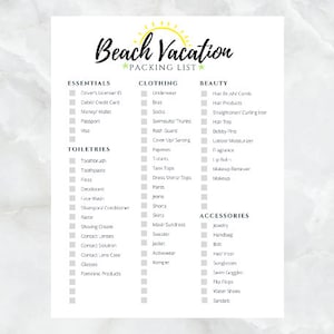 Beach Vacation Packing List | Printable | Instant Download - Etsy