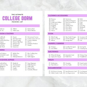 May include: A printable checklist for college dorm packing. The checklist is divided into categories such as bed, bathroom & toiletries, grooming, desk & school supplies, clothing & accessories, room, laundry/cleaning, electronics, health, and documentation. The checklist includes items such as comforter, pillows, throw blanket, toothbrush, toothpaste, razors, shaving cream, hair products, hair brush/comb, hair ties, pencils & pens, binder, index cards, pajamas, socks, underwear & bras, pants/jeans, leggings, t-shirts, tank tops, sheets, swimwear, jackets & sweaters, sneakers, sandals/flats, dress shoes, snow boots, activewear, robe, gloves & scarves, hats, belts, gym bag, backpack, purse, umbrella, mini fridge, dry erase board, mirror, hamper, lint roller, phone & charger, laptop & charger, medication, pain reliever, vitamins, face masks, ID/driver's license, debit/credit cards, social security card, car registration, car insurance card, medical insurance info.