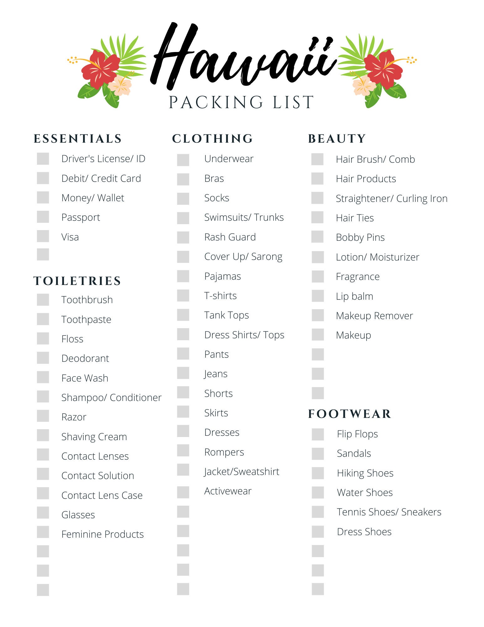 Hawaii Packing List | Printable | Instant Download - Etsy