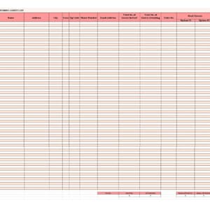 May include: A blank wedding guest list template with columns for name, address, city, state, zip code, phone number, email address, total number of guests invited, total number of guests attending, table number, and meal choices.