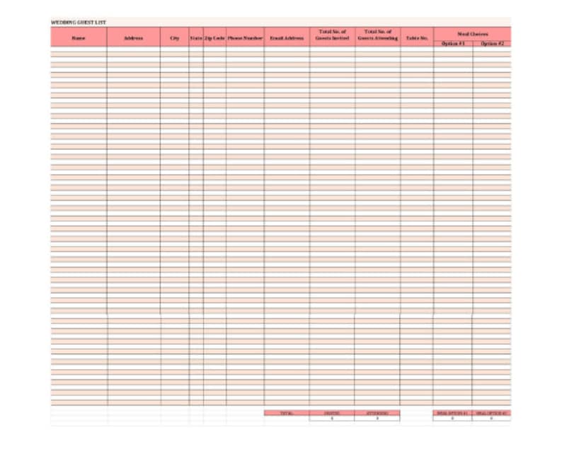May include: A blank wedding guest list template with columns for name, address, city, state, zip code, phone number, email address, total number of guests invited, total number of guests attending, table number, and meal choices.