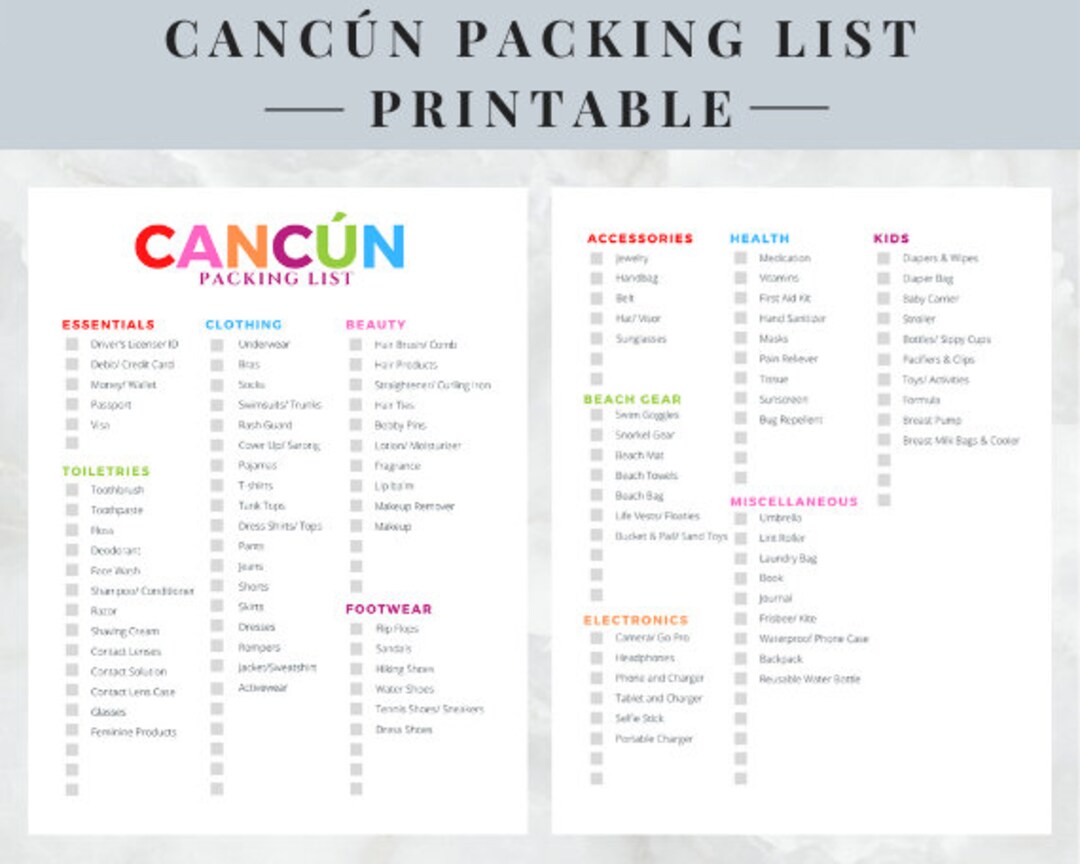 Cancun Packing List Mexico Packing List Printable Etsy