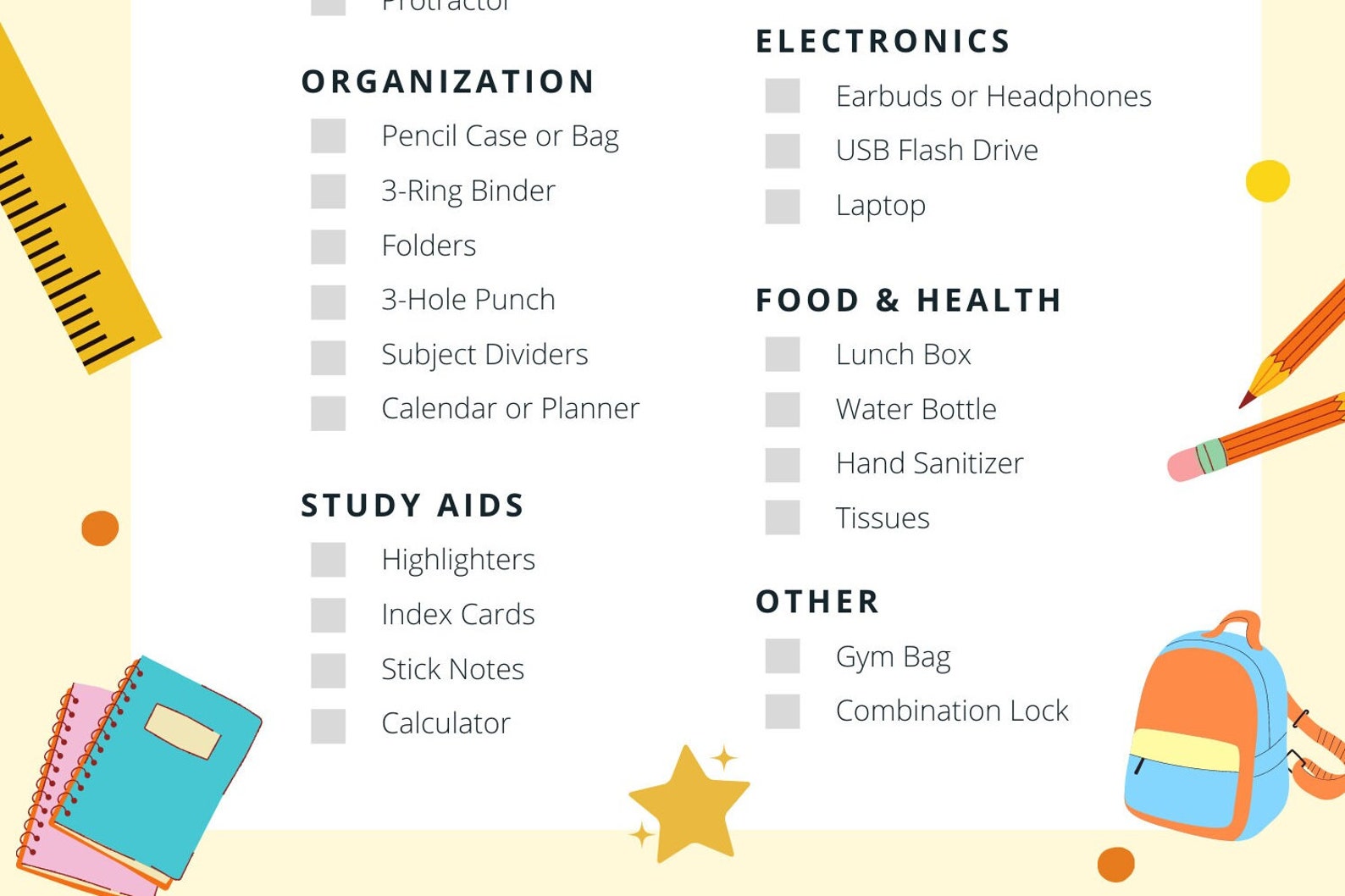 Middle and High School Supplies List Printable Back to School