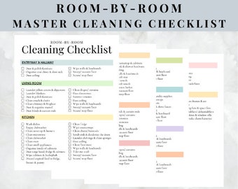 May include: A printable cleaning checklist with a room-by-room breakdown of tasks. The checklist includes categories like entryway & hallway, living room, kitchen, and bathroom. Each category has a list of cleaning tasks to complete.