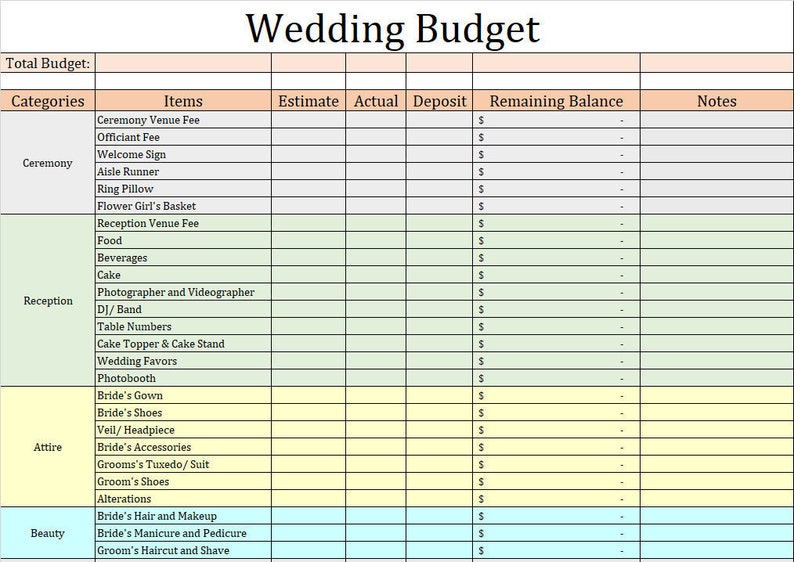 Simple Wedding Budget Template Editable and Auto