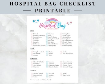 May include: A printable checklist for packing a hospital bag for a new parent. The checklist is divided into sections for Mom, Baby, Partner, and Extras. The checklist includes items such as phone charger, toiletries, going home outfit, diapers, and snacks.