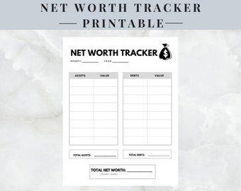 May include: A printable net worth tracker worksheet with a black and white illustration of a money bag. The worksheet has sections for assets, debts, and total net worth.