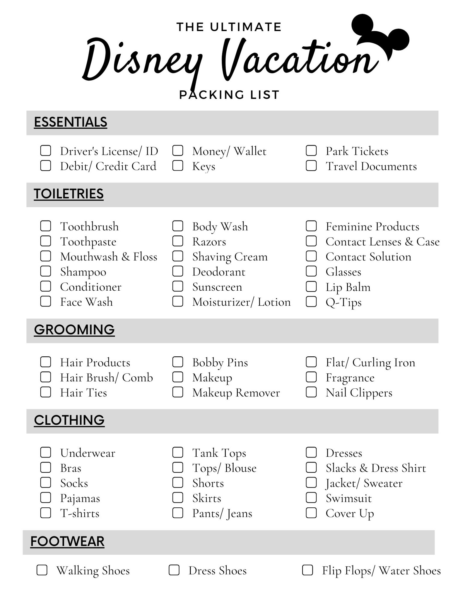 Disney Vacation Packing List Printable Instant Download Etsy