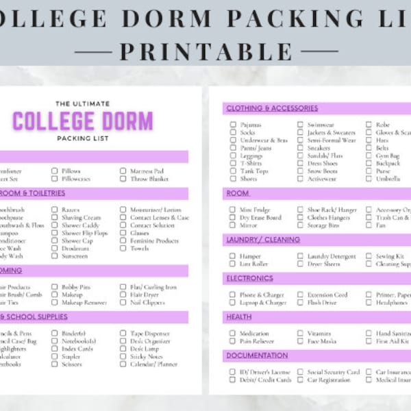 College Dorm Packing List | University Student Checklist | College Essentials | Printable | Instant Download