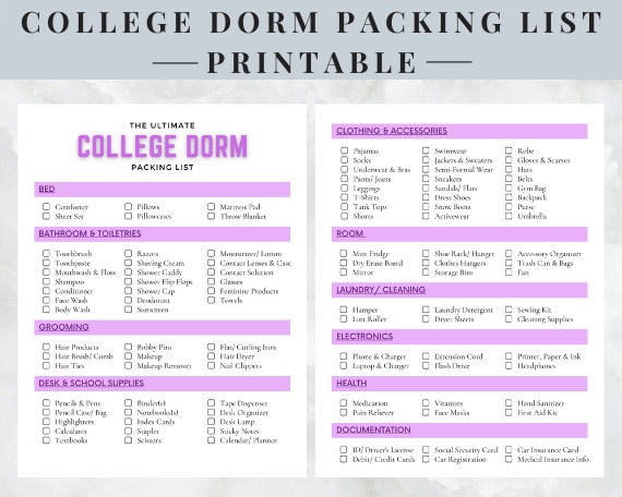 college dorm packing list university student checklist etsy