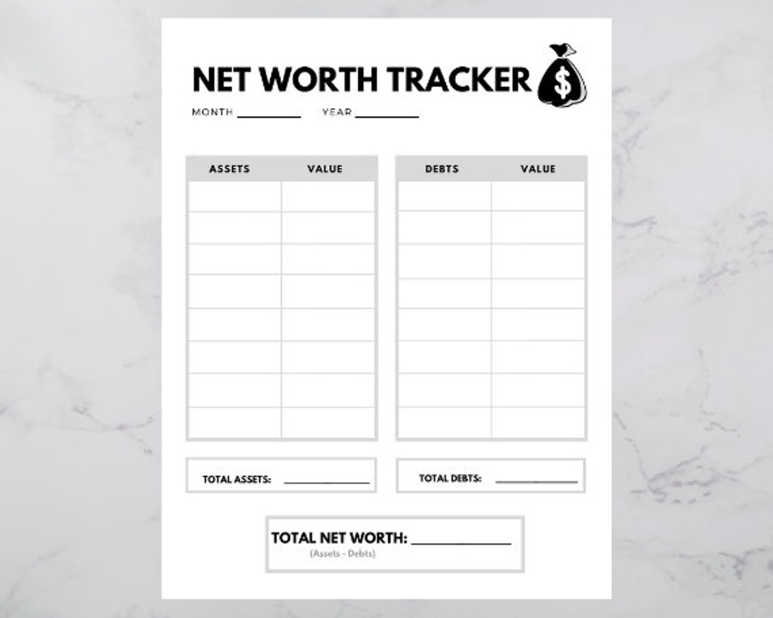 Net Worth Tracker Printable Instant Download Etsy