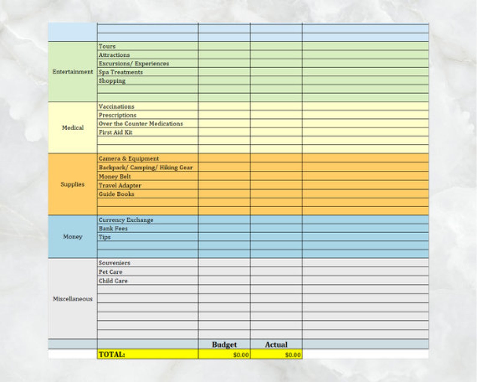 Feuille de calcul du budget de vacances Planificateur de vacances Téléchargement instantané