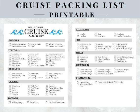 cruise packing list printable instant download etsy uk