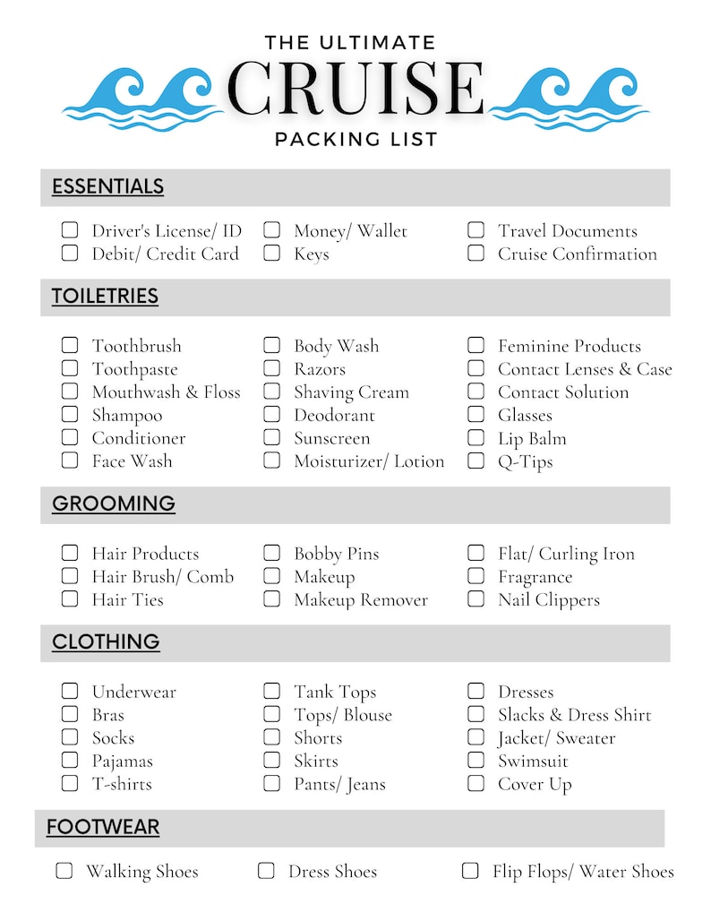 Cruise Packing List Printable Instant Download Etsy