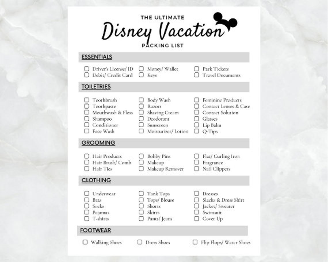 Disney Vacation Packing List | Printable | Instant Download - Etsy