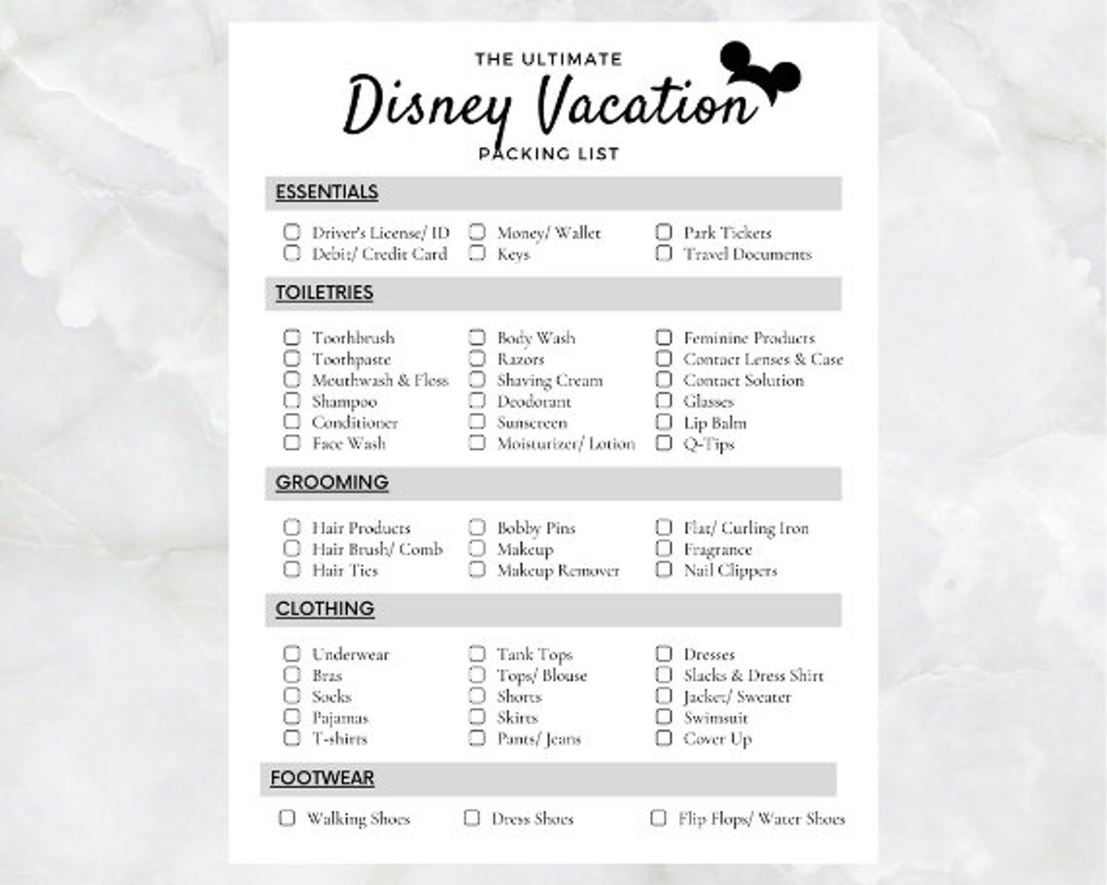Disney Vacation Packing List | Printable | Instant Download - Etsy
